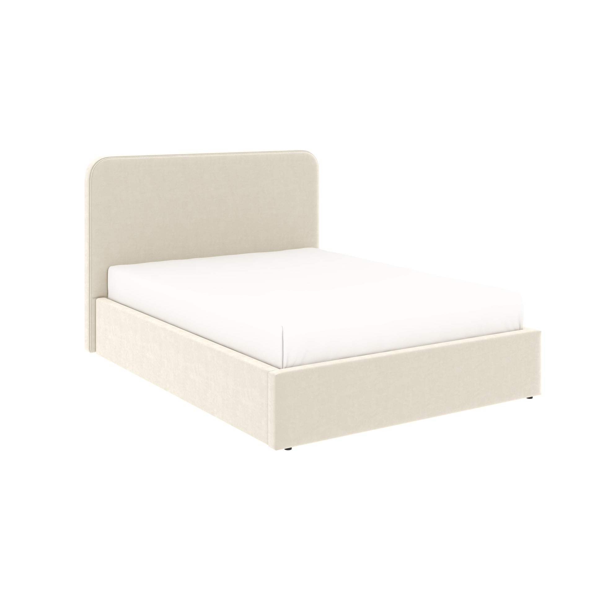 Vue 3/4 avec matelas non fourni du lit coffre tête de lit haute 140x190 cm velours beige ANTON