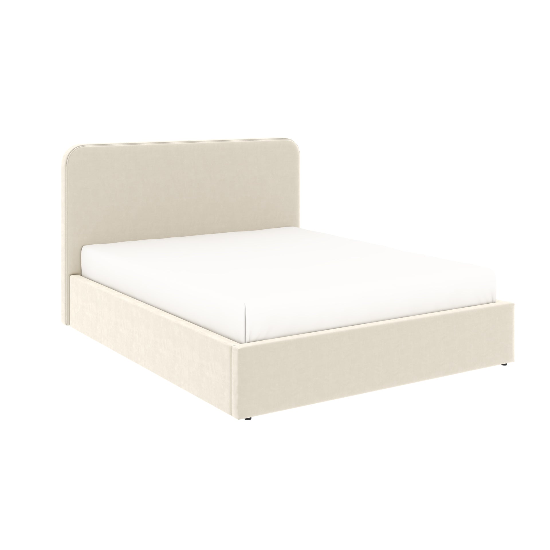 Vue 3/4 avec matelas non fourni du lit coffre tête de lit haute 160x200 cm velours beige ANTON