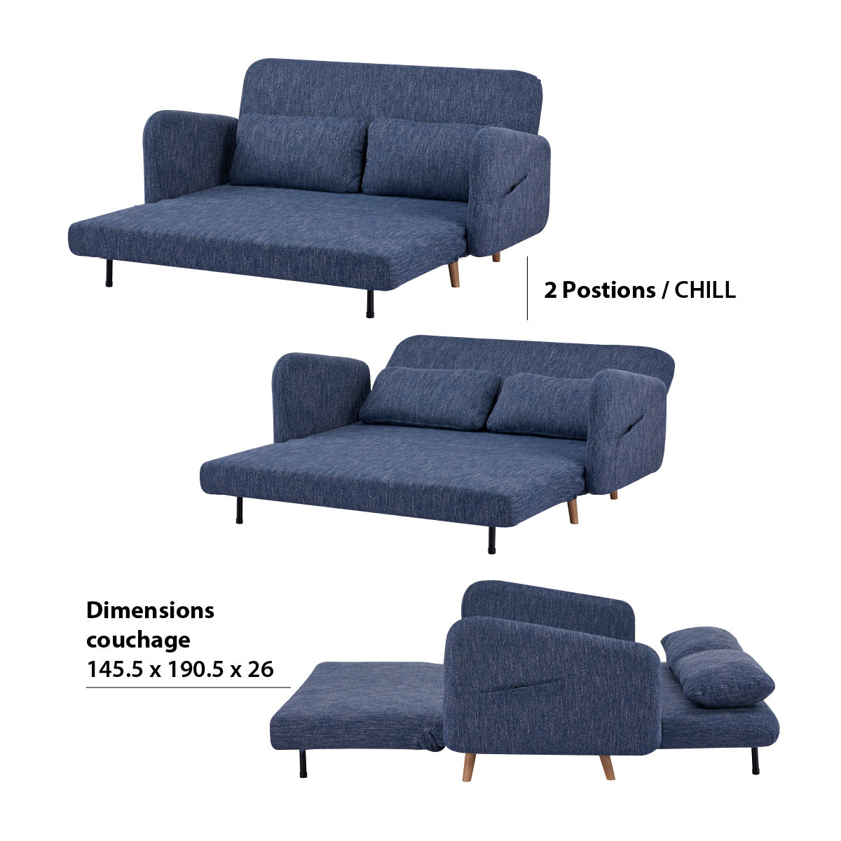 Différentes vues dépliées de fonctions couchages du canapé-lit BZ ARI en finition bleue jean