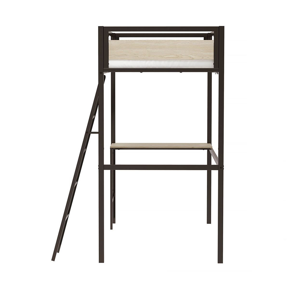 Vue de côté du lit mezzanine DINO avec bureau 90x190 cm en finition mélamine chêne et métal noir