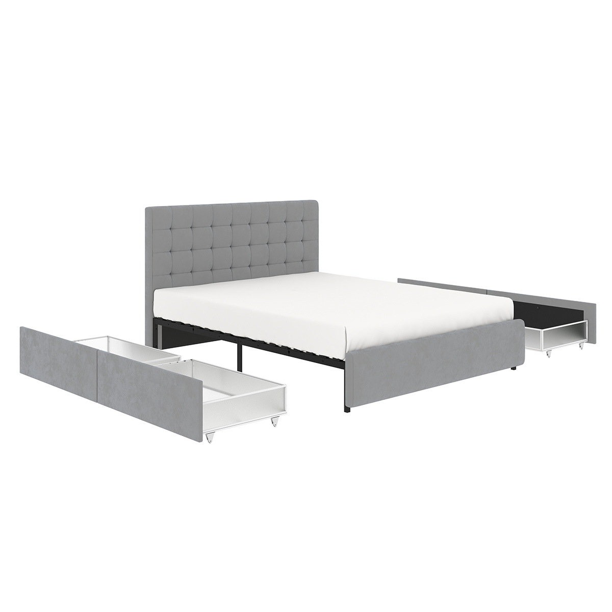 Lit 4 tiroirs tête de lit haute 160x200 cm velours gris ELLIE avec matelas (non fourni)