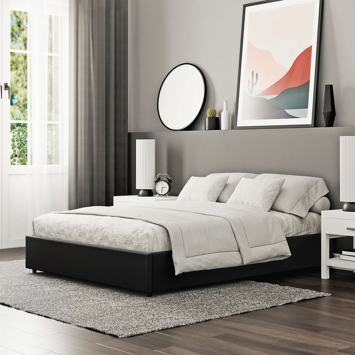 Lit double avec coffre de rangement en simili cuir noir 140x190 cm – design moderne et fonctionnel pour chambre contemporaine