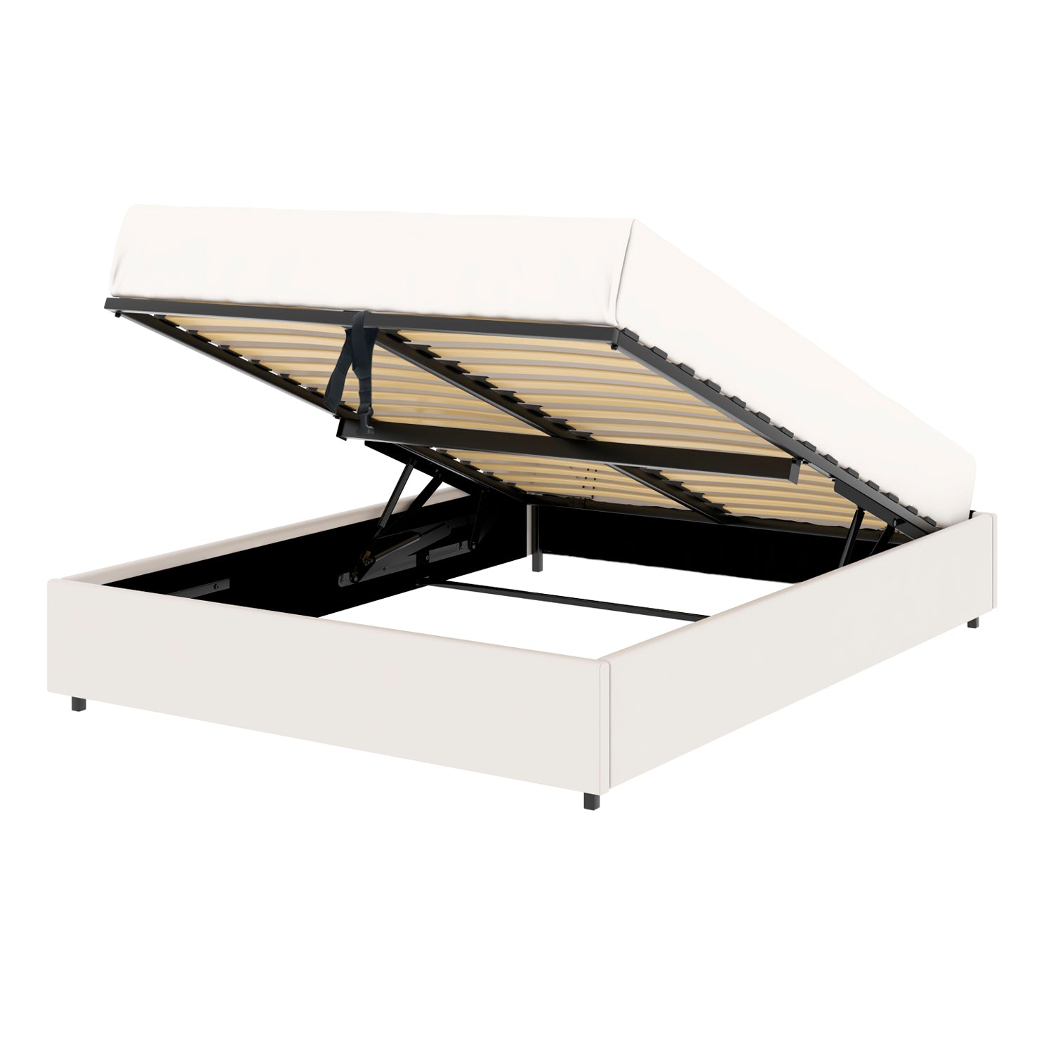 Vue de 3/4 ouverte du lit plateforme LANCE 140x190 cm avec coffre de rangement en finition PU blanche - matelas non fourni