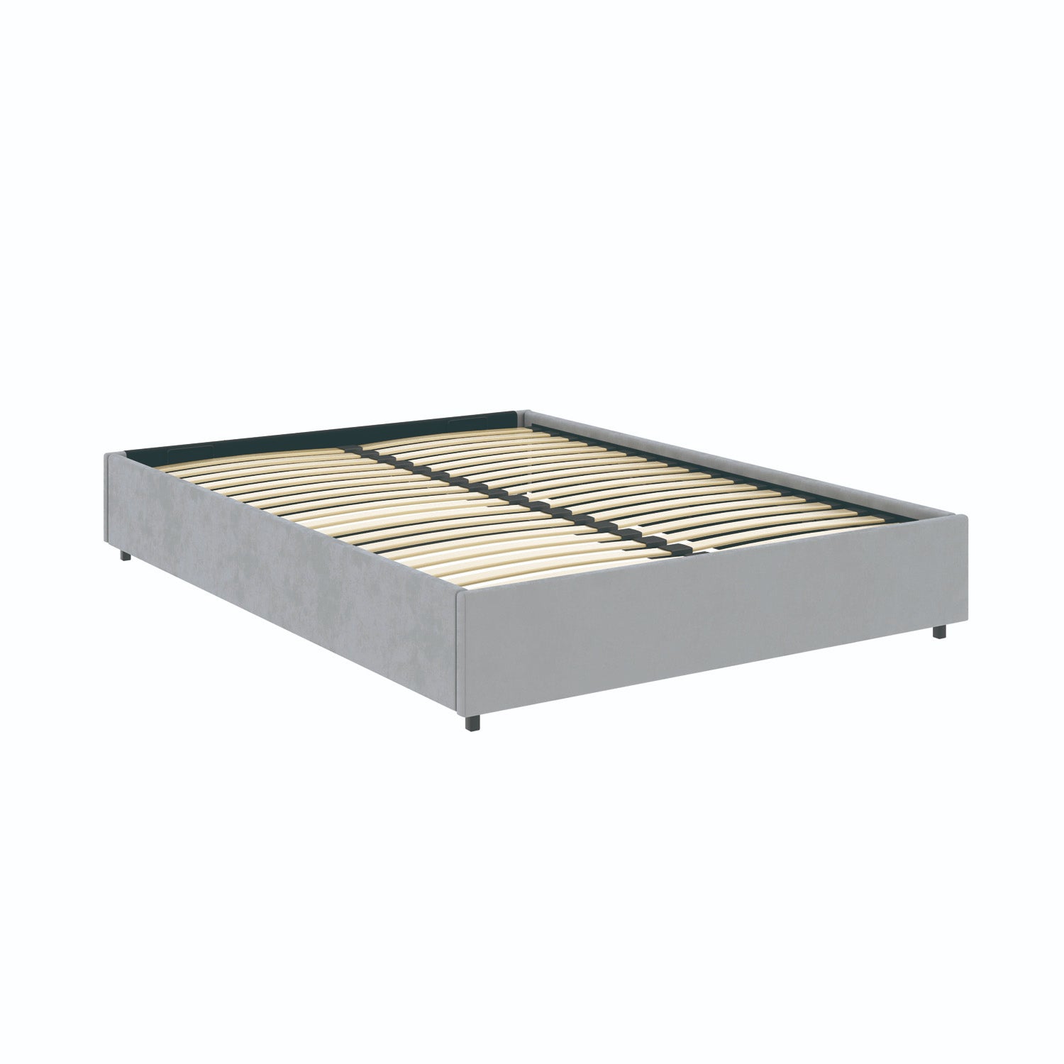 Vue de 3/4 du lit coffre plateforme 160x200 cm velours gris LANCE en position fermé