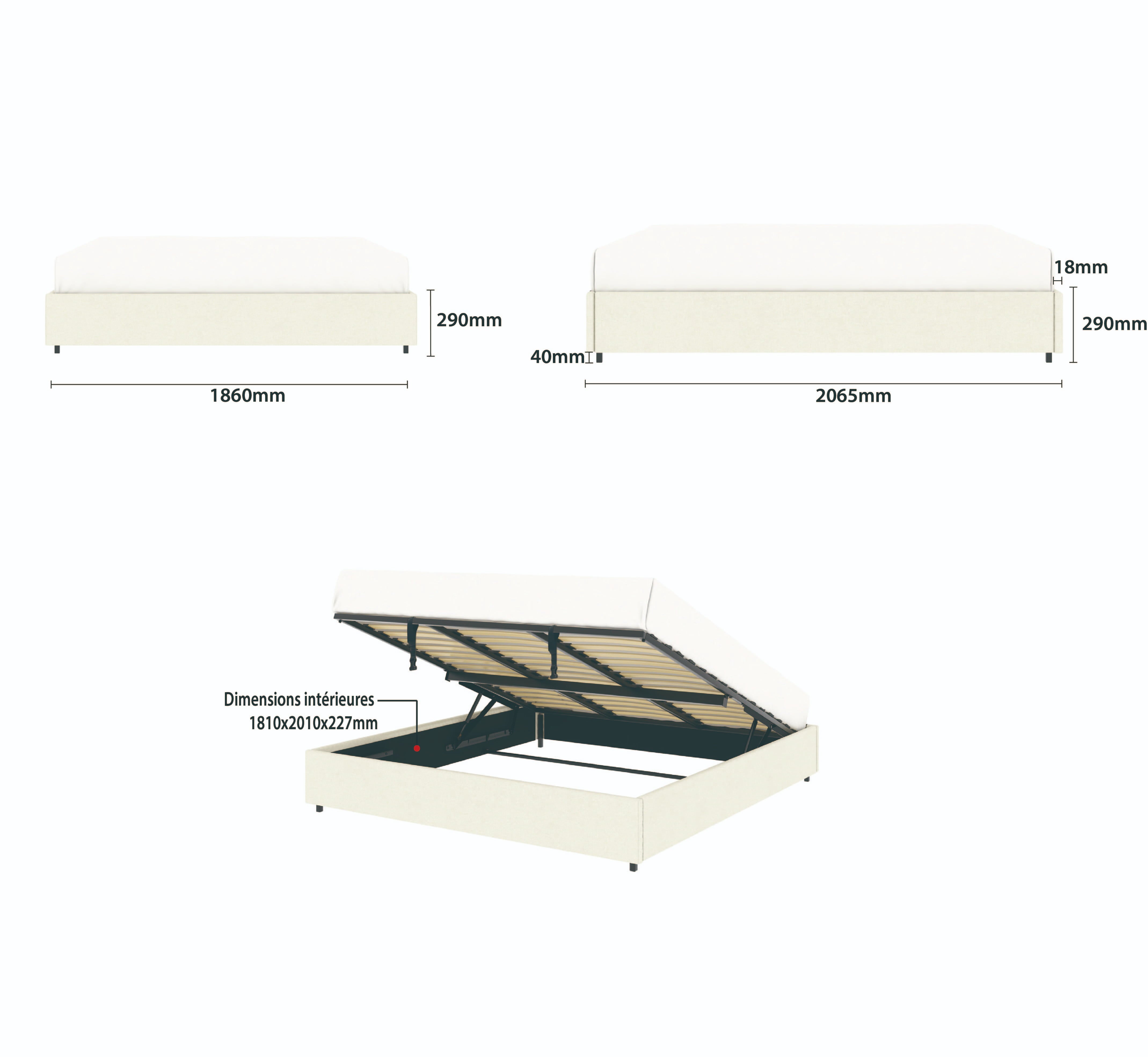 Détail des dimensions principales du lit plateforme LANCE 180x200 cm avec coffre de rangement en finition velours beige