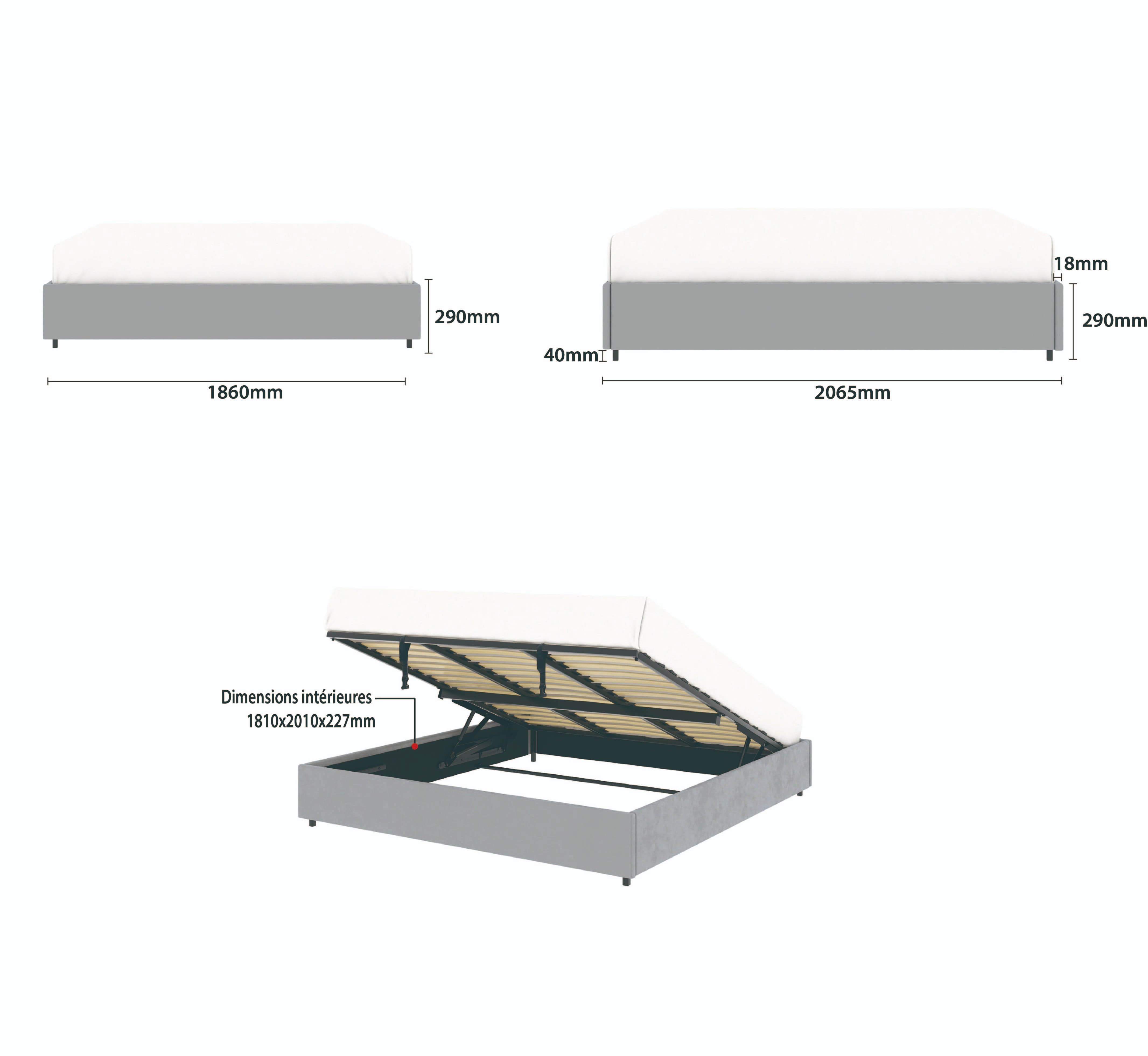 Détail des dimensions principales du lit plateforme LANCE 180x200 cm avec coffre de rangement en finition velours gris