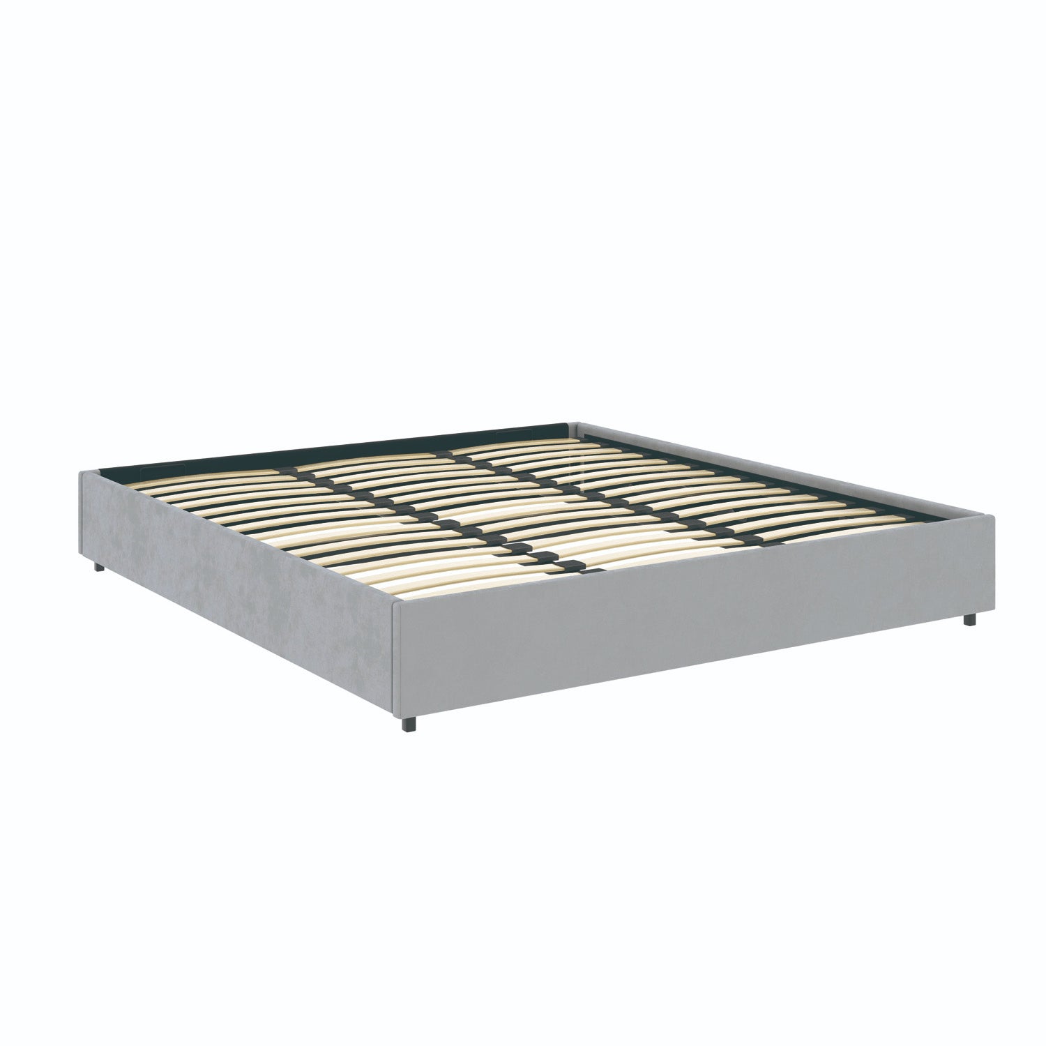 Vue de 3/4 du lit coffre plateforme 180x200 cm velours gris LANCE en position fermé