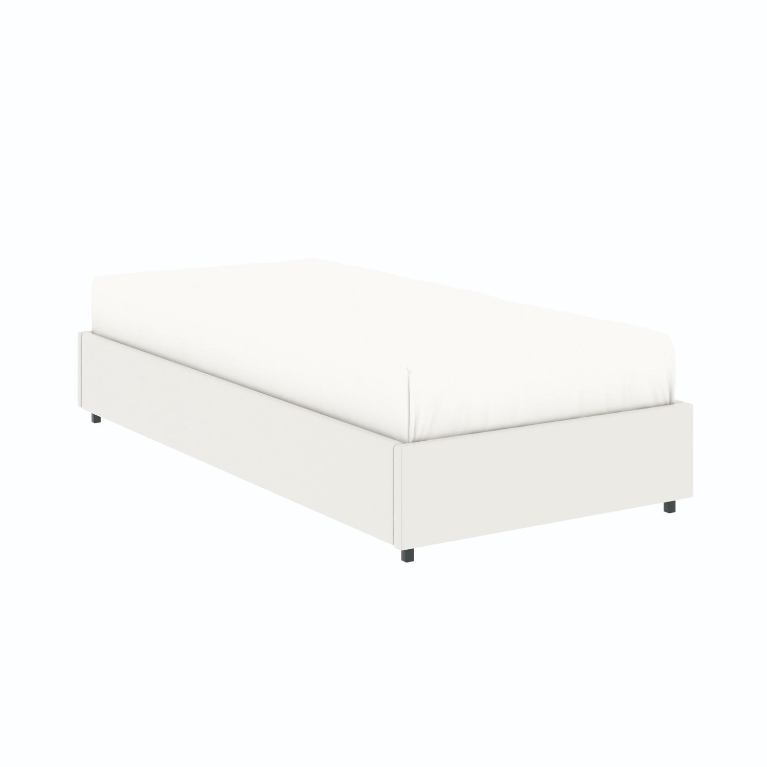Vue de 3/4 du lit coffre plateforme 90x190 cm PU blanc LANCE avec matelas (non fourni)