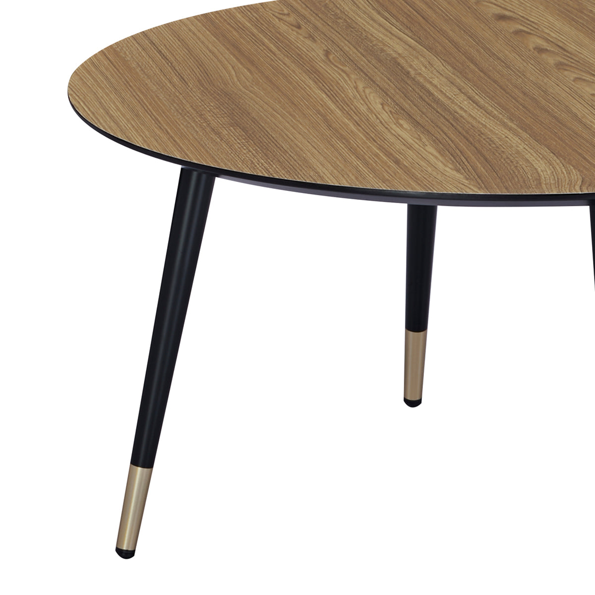 Détail des pieds de la table basse ronde MATIS diamètre 80 cm en finition mélaminé imitation chêne