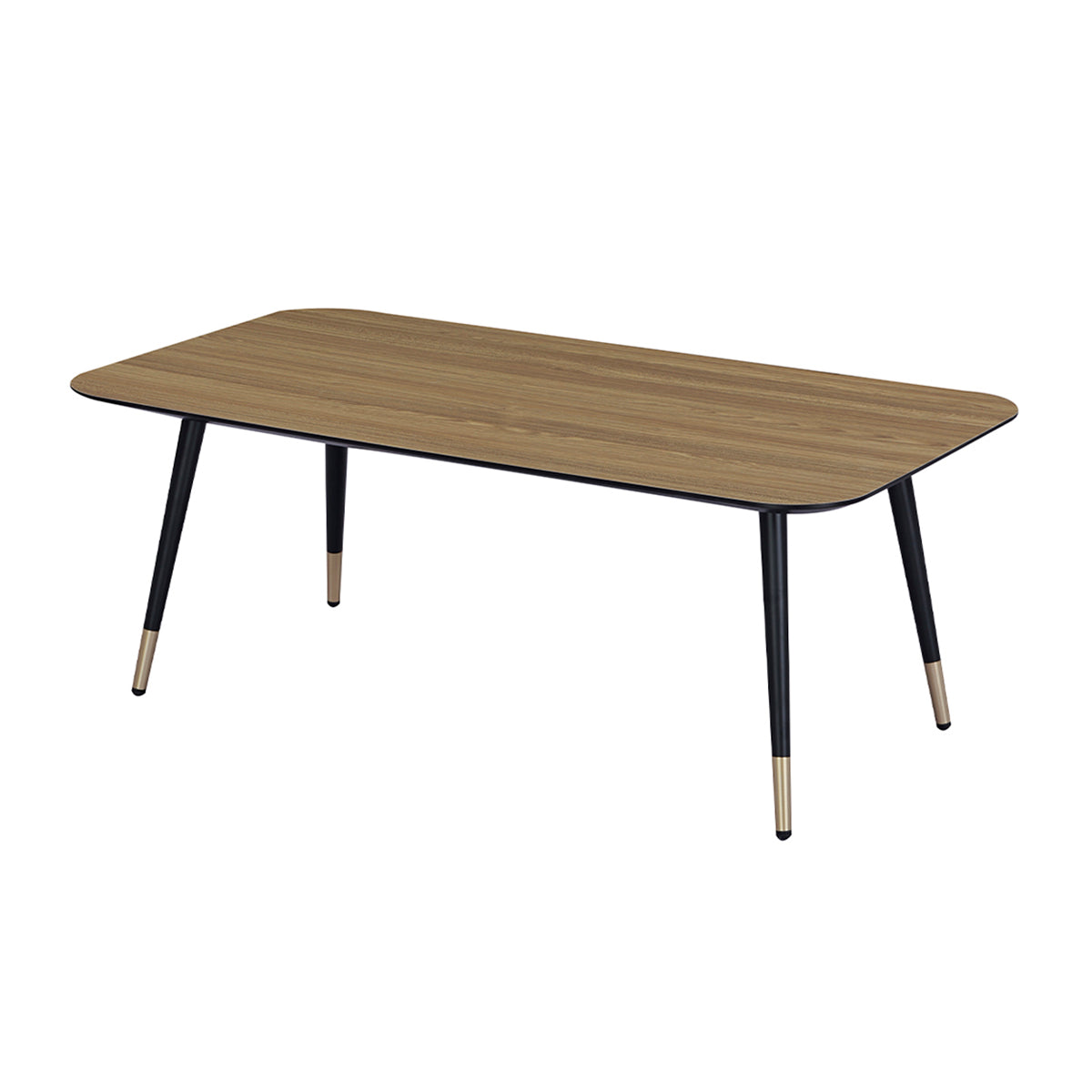 Table basse rectangulaire avec plateau effet chêne clair et pieds noirs fuselés à embouts dorés, design rétro élégant, parfaite pour un salon moderne ou scandinave.