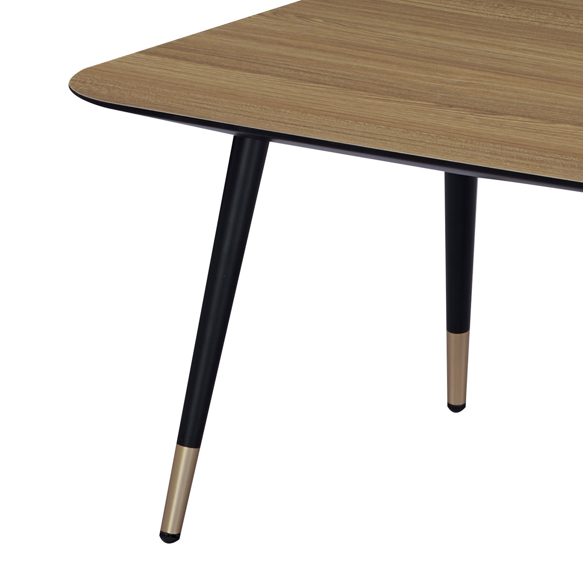 Détail des pieds et du plateau de la table basse rectangulaire MATIS dimensions 110 x 60 cm en finition mélaminé imitation chêne