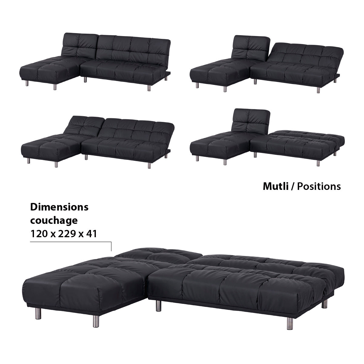 Détail des multiples positions de l’angle canapé-lit clic clac MELLOW 2 places + 1 place méridienne réversible gauche / droite en finition PU noire