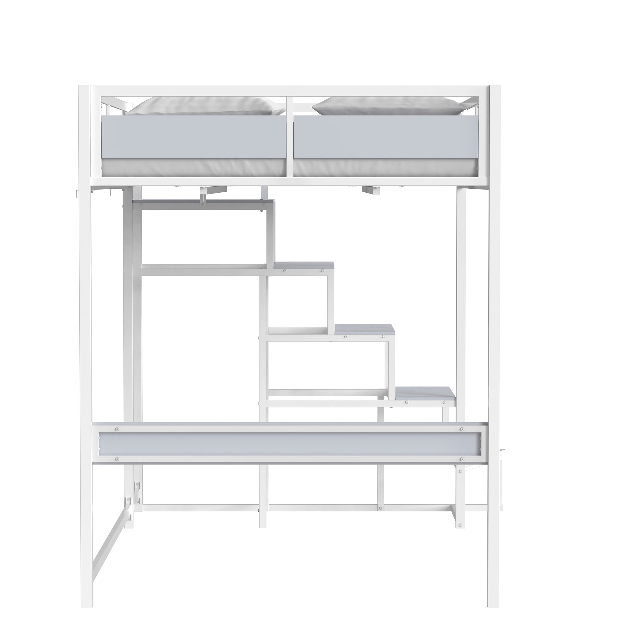 Vue de côté du lit mezzanine MONTANA 140x190 cm en finition mélamine gris clair et métal blanc