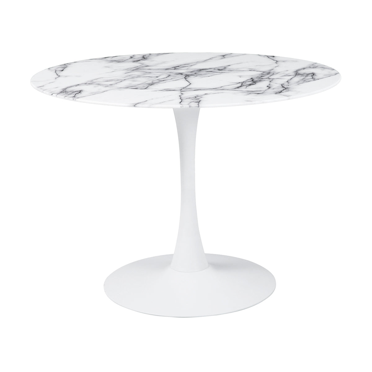 Table ronde design avec plateau effet marbre blanc et pied central tulipe blanc, idéale pour salle à manger ou cuisine contemporaine, style élégant et intemporel.