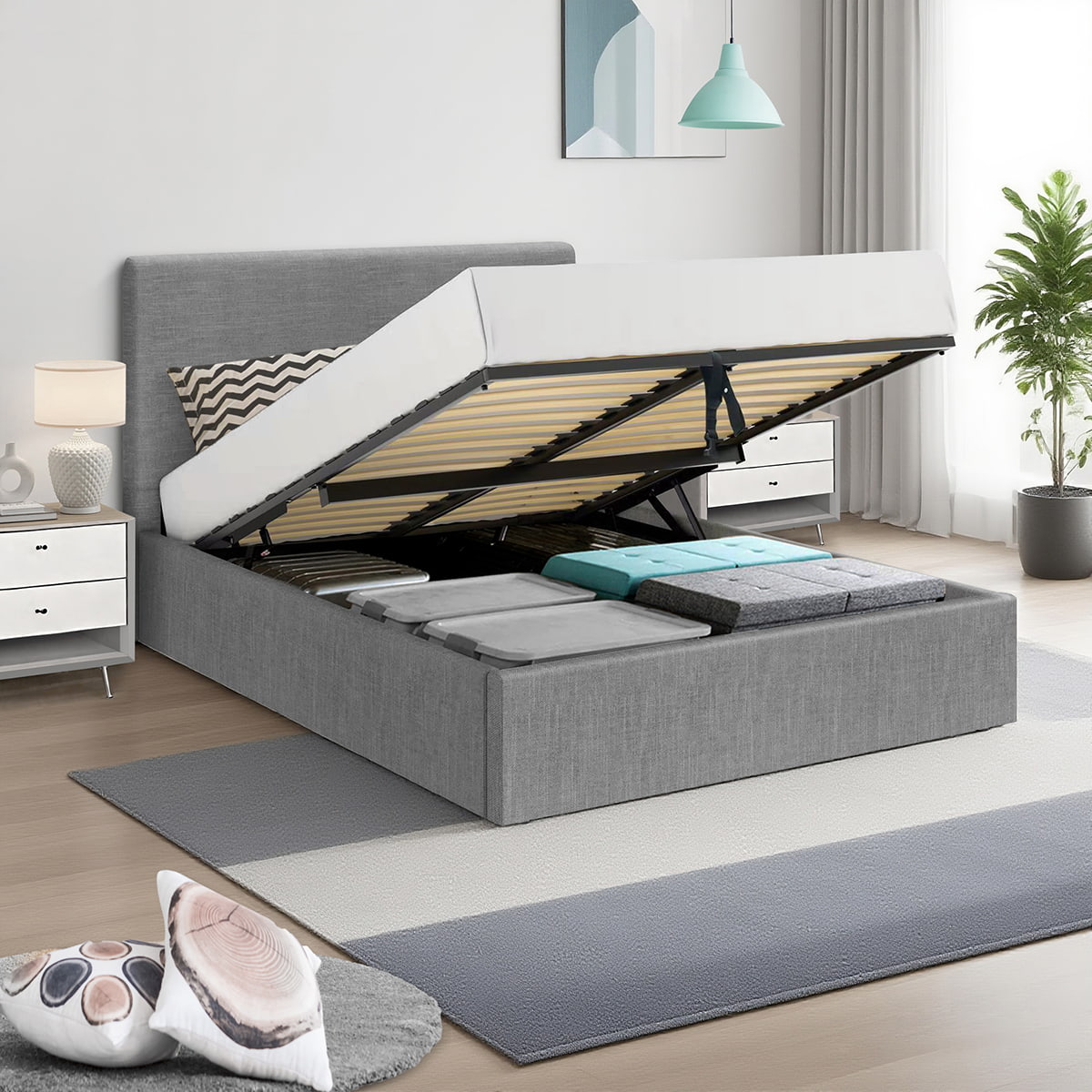 Vue ambiance du lit coffre 140x190 cm ANDY tete de lit haute en tissu gris avec matelas (non fourni) position ouverte