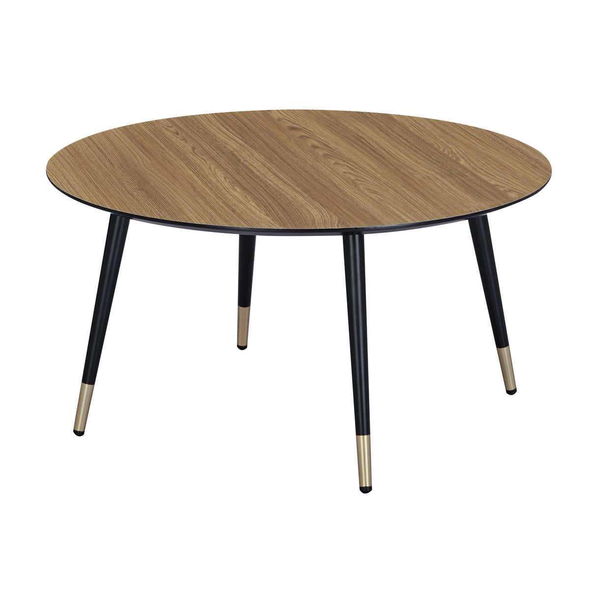 Table basse ronde avec plateau effet chêne clair et pieds noirs fuselés ornés d'embouts dorés, design rétro chic parfait pour un salon élégant ou scandinave.
