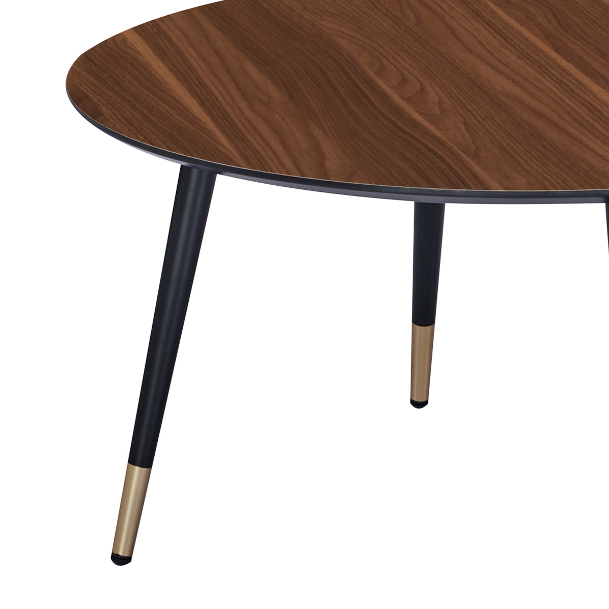 Détail des pieds de la table basse ronde MATIS diamètre 80 cm en finition mélaminé imitation noyer