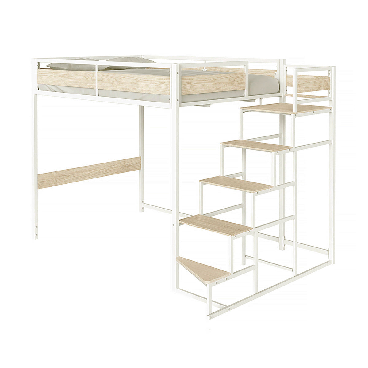Lit mezzanine 140x190 cm en métal blanc et bois clair avec escalier réversible intégré – design épuré et gain de place pour chambre ado ou studio