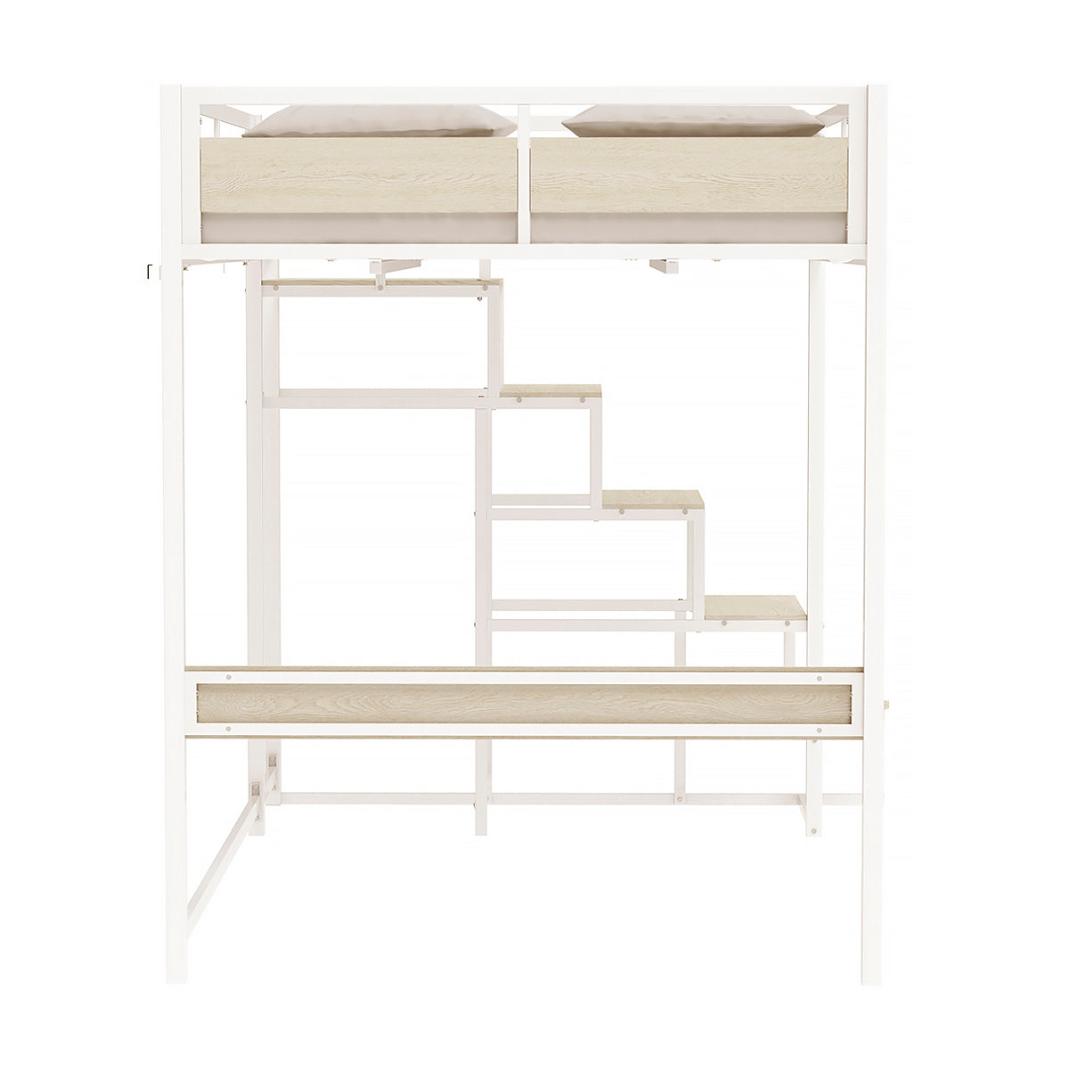 Vue de côté du lit mezzanine MONTANA avec escalier réversible 140x190 cm en finition mélamine chêne et métal blanc